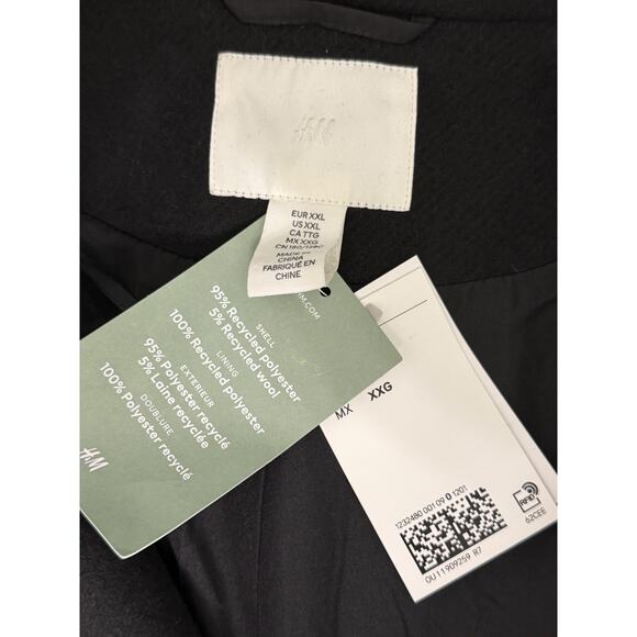 New H&M Double Breasted Wool Blend Pea Coat Black XXL Preppy - Picture 2 of 3